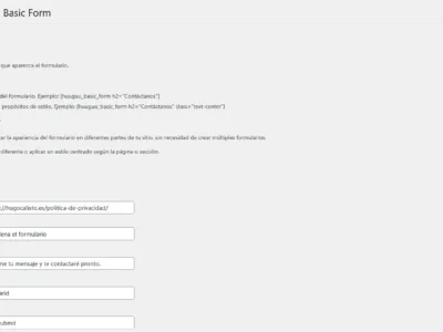 Pantalla con Shortcode y primera parte de la Configuración